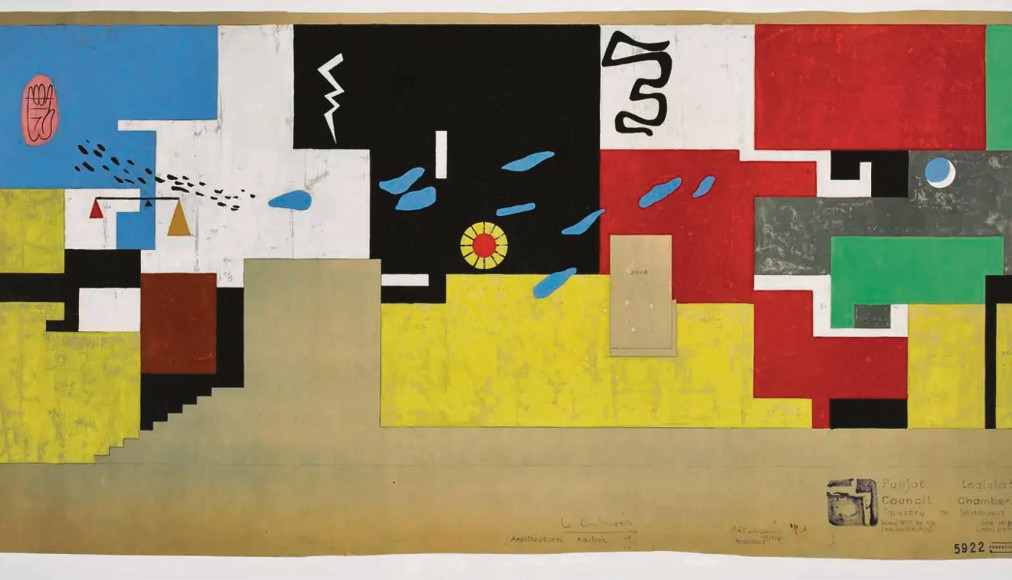 Etude pour la tapisserie de la salle du Conseil de la Haute Cour de Chandigarh, Le Corbusier (Charles-Edouard Jeanneret), 1961. Gouache sur tirage hélio, 49 × 122 cm, Fondation Le Corbusier, Paris. Etude pour la tapisserie de la salle du Conseil de la Haute Cour de Chandigarh, Le Corbusier (Charles-Edouard Jeanneret), 1961. Gouache sur tirage hélio, 49 × 122 cm, Fondation Le Corbusier, Paris. / © FLC/ProLitteris, Zurich